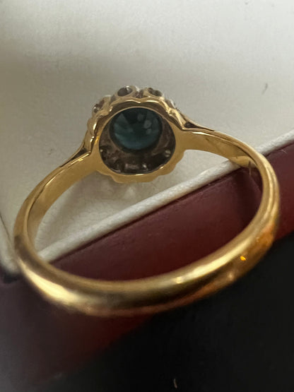 Antique 18ct Yellow Gold Sapphire & Diamonds Cluster Ring - 1941 - M