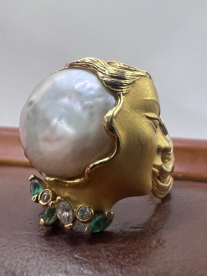 Rare Carrera Y Carrera 18ct Yellow Gold Baroque Pearl Lady’s Head Ring