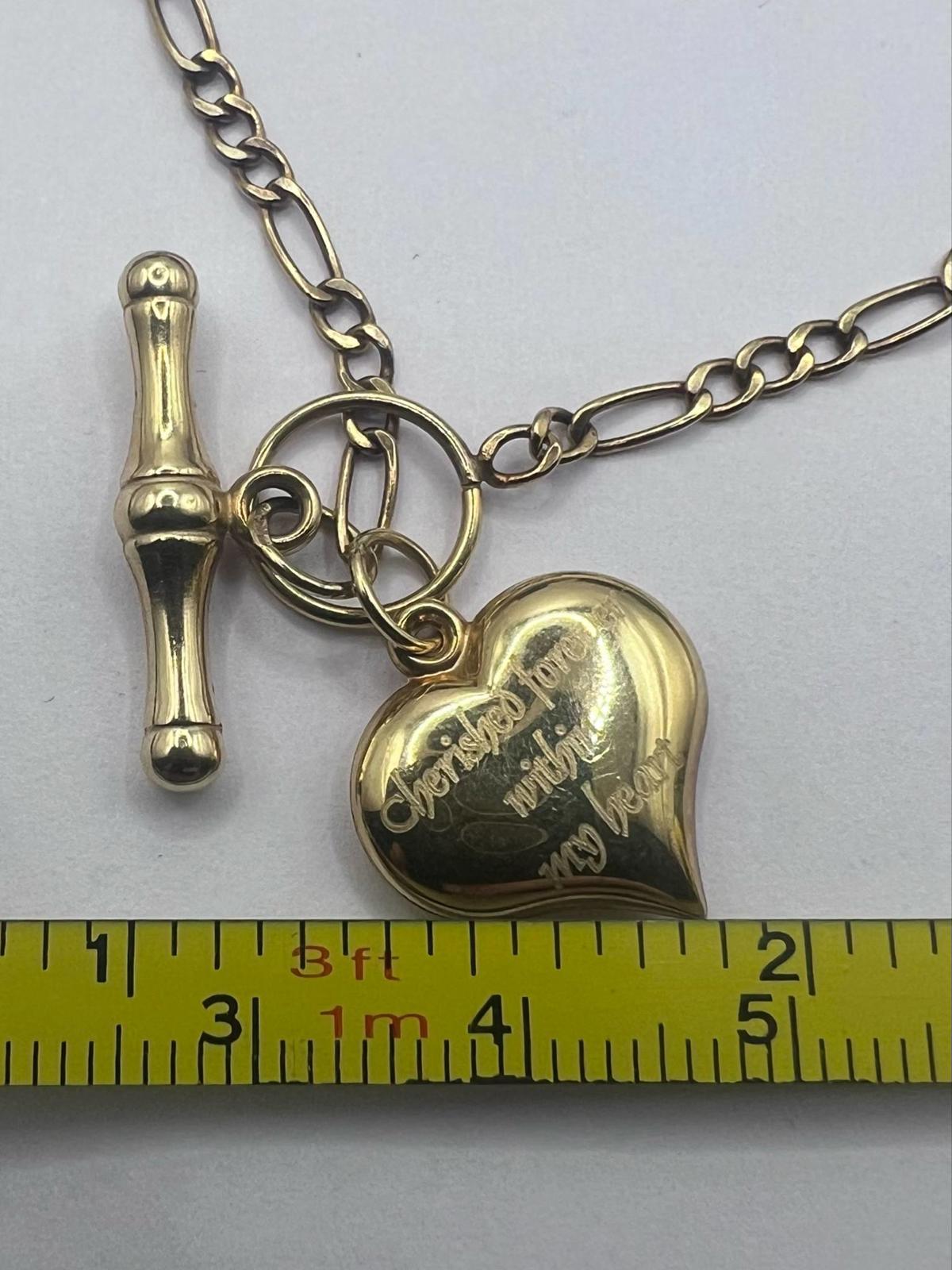 Quality 9ct Yellow Gold Heart Figaro Chain Bracelet • 7 Inch • 2.03 Grams
