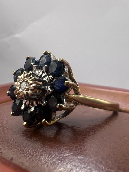 Vintage 9ct Yellow Gold Sapphire & Diamond Cluster Ring - P