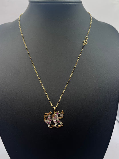 Quality 9ct Yellow Gold Ruby & Diamond Dragon Pendant & Chain • 5.84 Grams