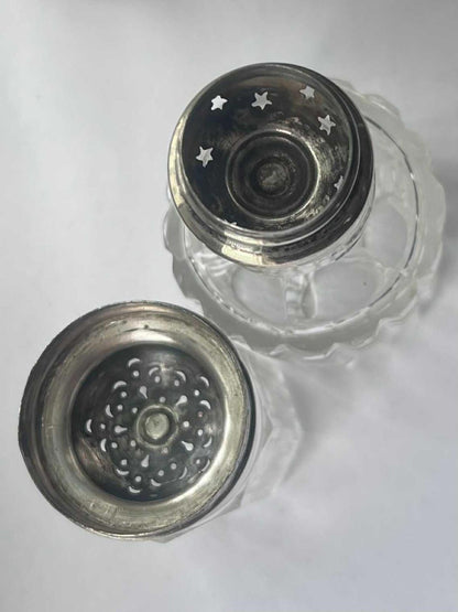 Antique Silver Top Crystal Salt and Pepper Shakers