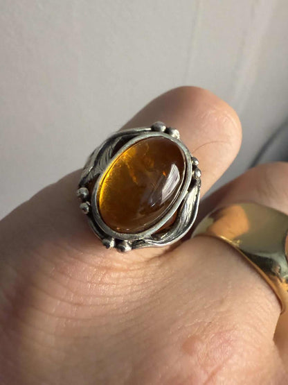 Quality 925 Sterling Silver Amber Set Ring • Size - N • 5.11 Grams