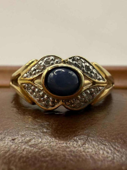 Quality 9ct Yellow Gold Star Sapphire & Diamond Set Ring • Size - N • 3.23 Grams