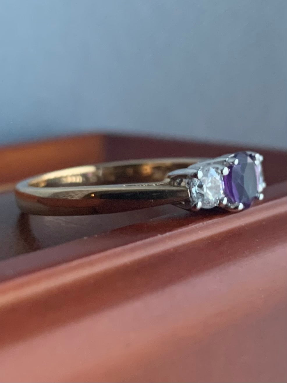 Vintage 9ct Yellow Gold Amethyst & Cz Trilogy Ring - N½