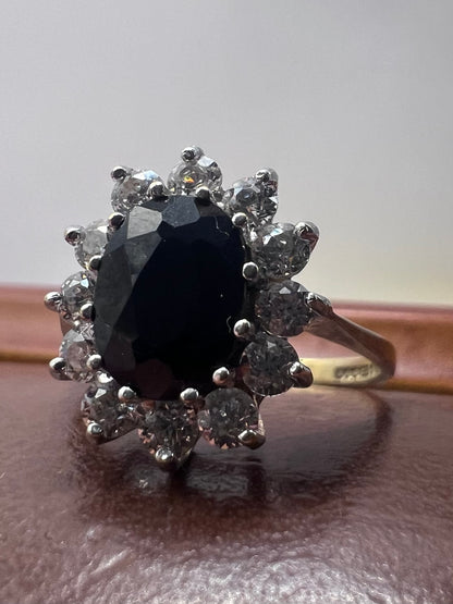 Vintage 9ct Yellow Gold Cz & Sapphire Cluster Ring - M½