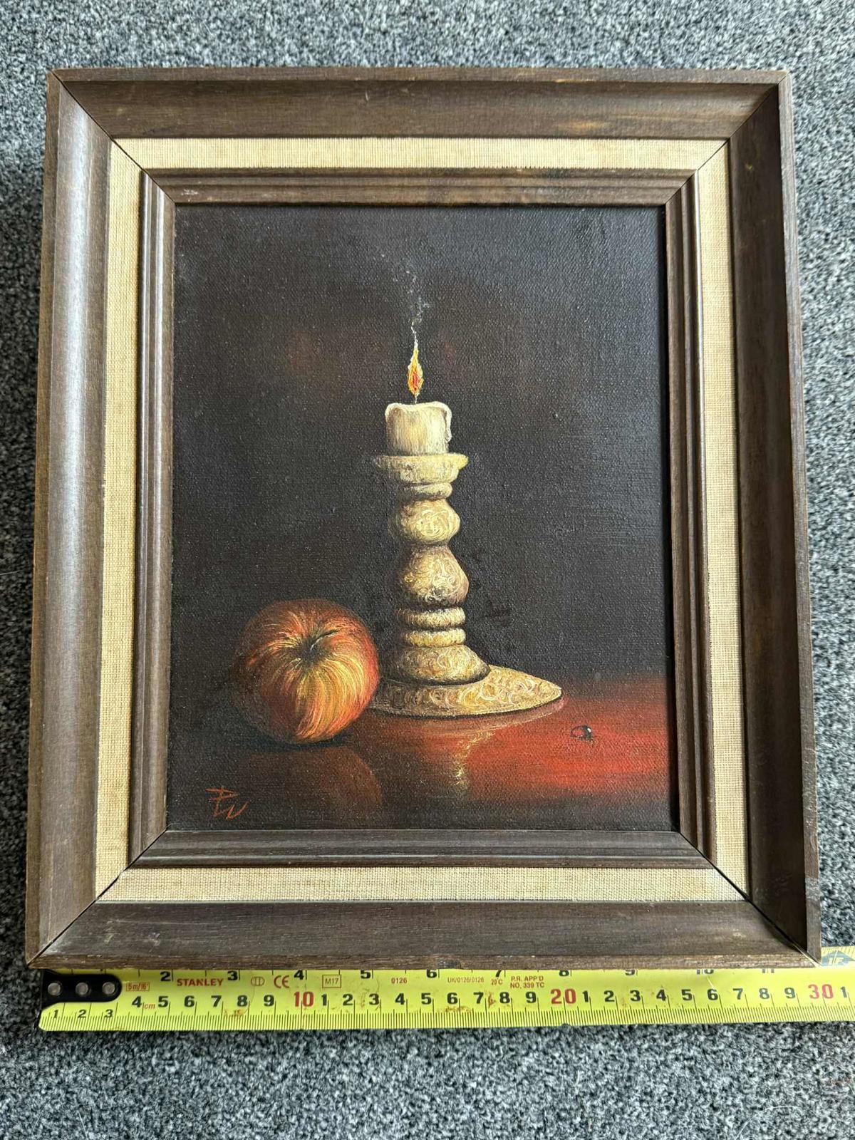 Vintage Still Life Oil Painting Of A Candle in Wooden Frame - Singed "PW"