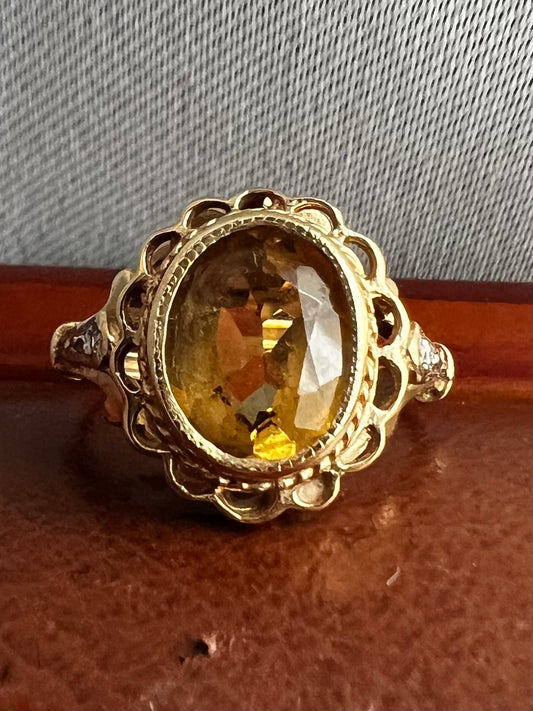 Vintage 9ct Yellow Gold Citrine & Diamond Ring - M½