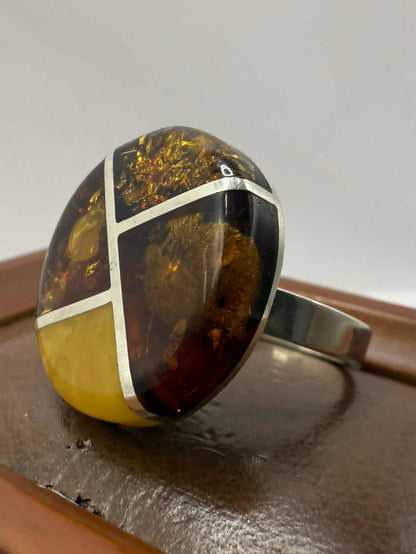 Quality 925 Sterling Silver Amber Mosaic Ring • Size - Q • 9.03 Grams
