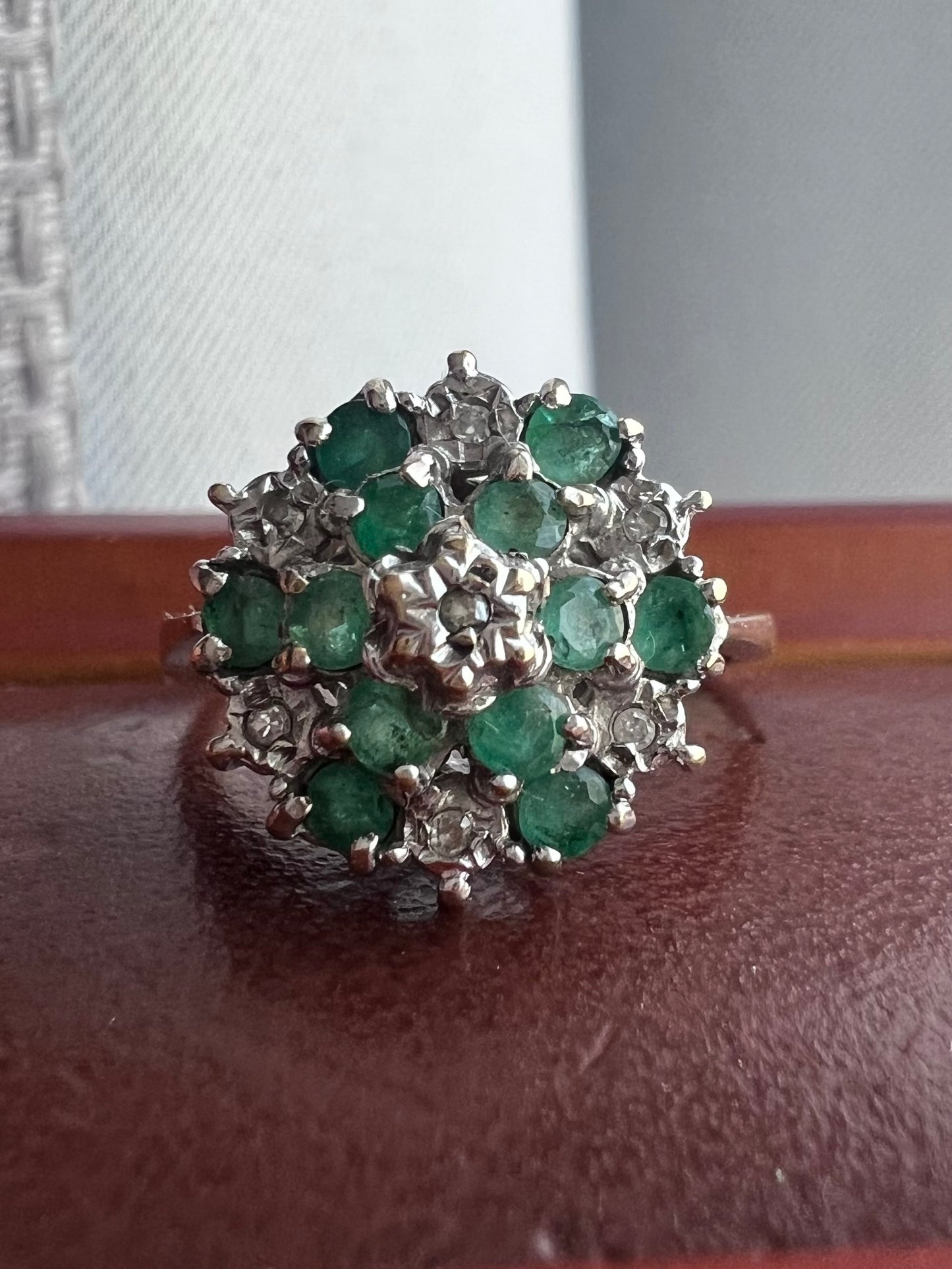 Vintage 9ct Yellow Gold Emerald & Diamond Cluster Ring - L½