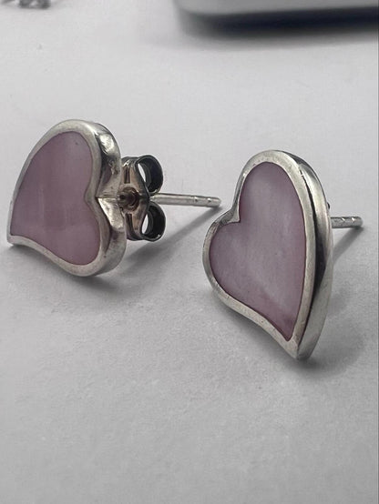 Quality 925 Sterling Silver Pink Heart Stud Earrings - 2.08 Grams