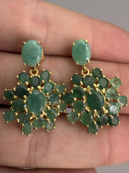 Quality 925 Gold Plated Emerald Cluster Dangle Earrings - 6.19 Grams