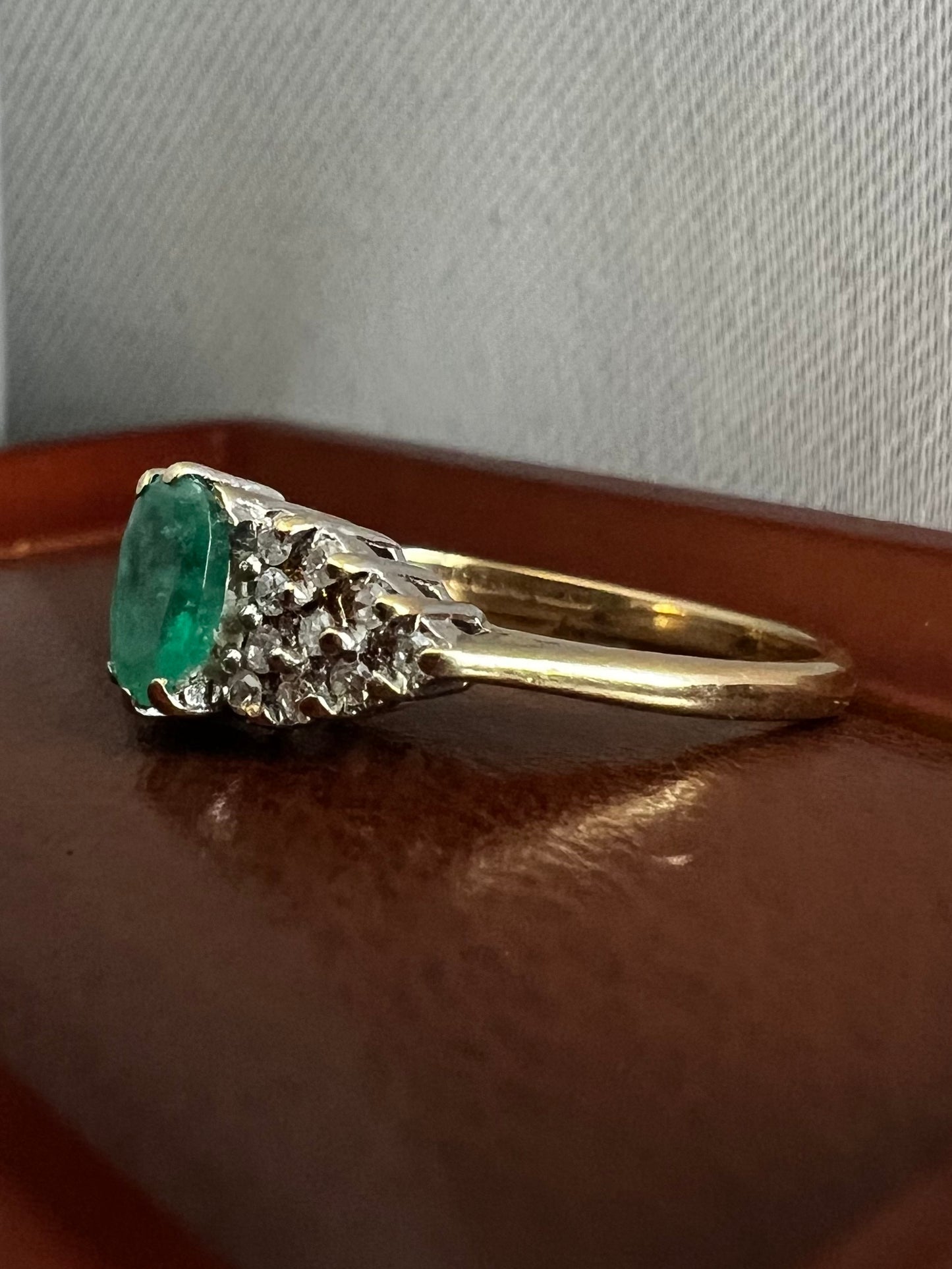 Vintage 9ct Yellow Gold Emerald & Diamond Cluster Ring - M½