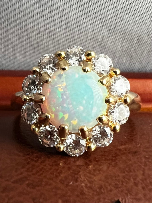 Quality 14ct Yellow Gold CZ & Opal Cluster Ring - L