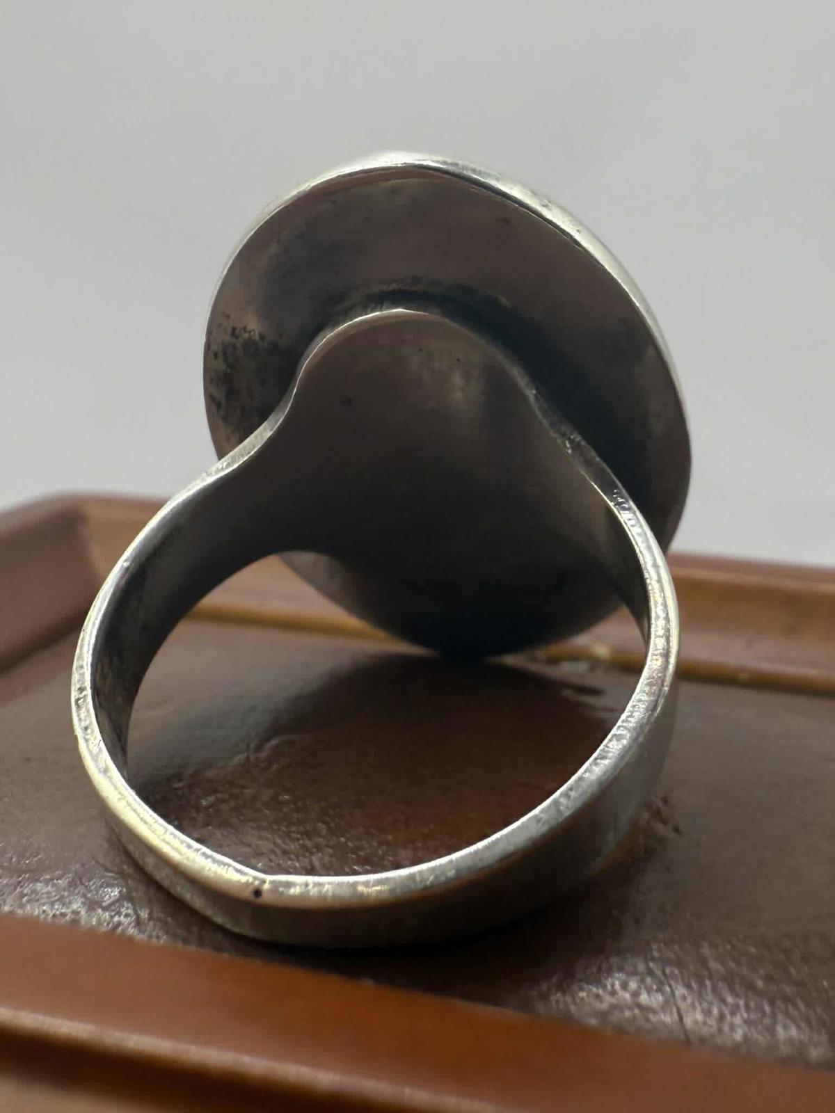 Quality 925 Sterling Silver Ambeer Set Ring • Size - P • 9.87 Grams