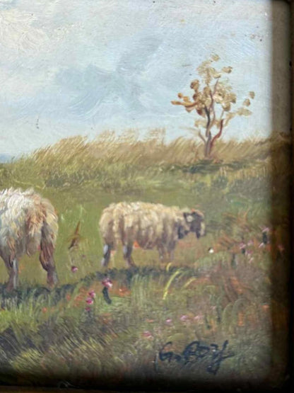 Vintage Ornate Landscape Oil Painting Of Sheep In Field - Signed "G Roy"