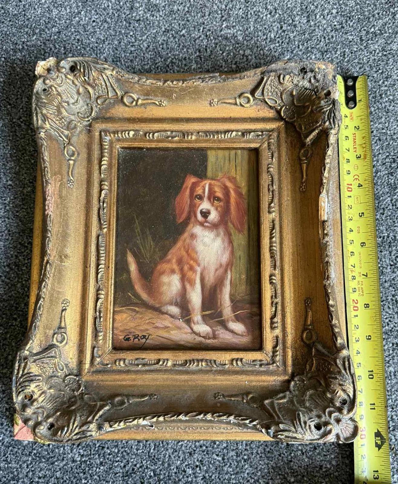 Charming Vintage Dog Painting in Ornate Frame - Singed "G Roy"