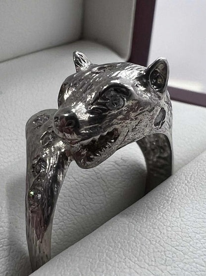 Quality 925 Sterling Silver Stone Set Fox Ring • 6.45 Grams • Size - X