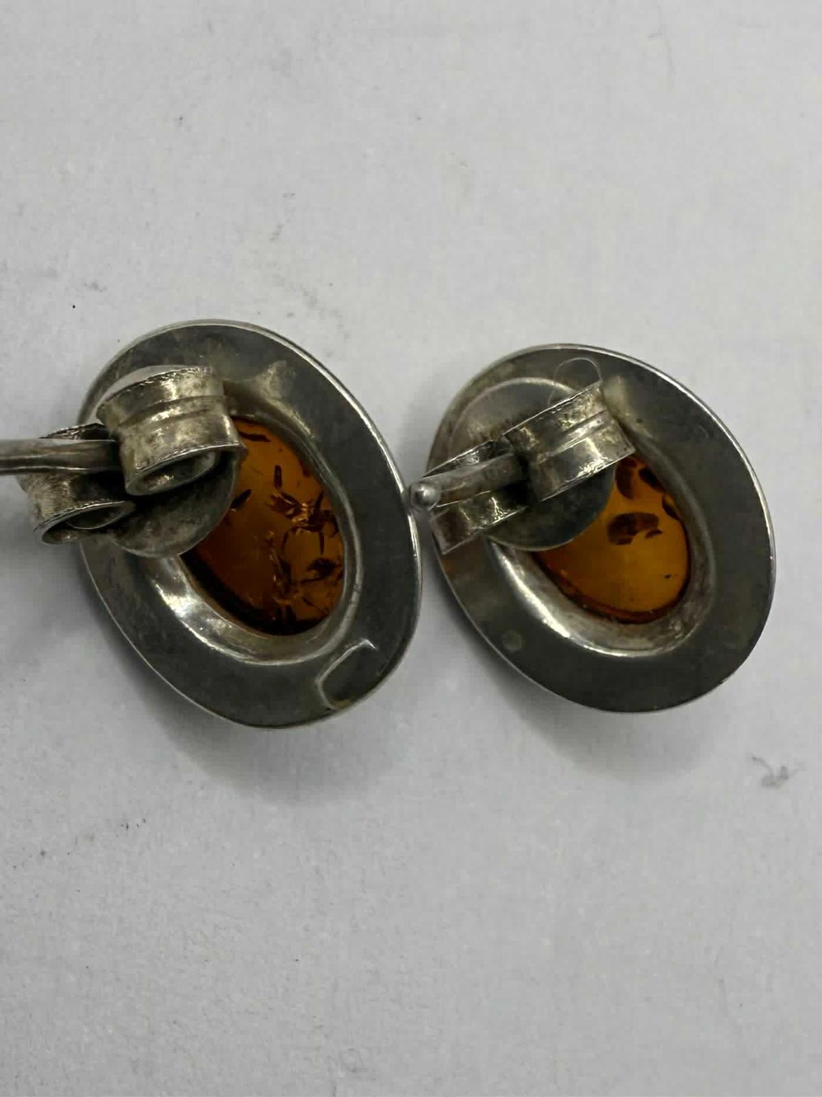 Quality 925 Sterling Silver Amber Set Stud Earrings • 2.45 Grams