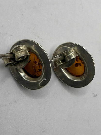 Quality 925 Sterling Silver Amber Set Stud Earrings • 2.45 Grams
