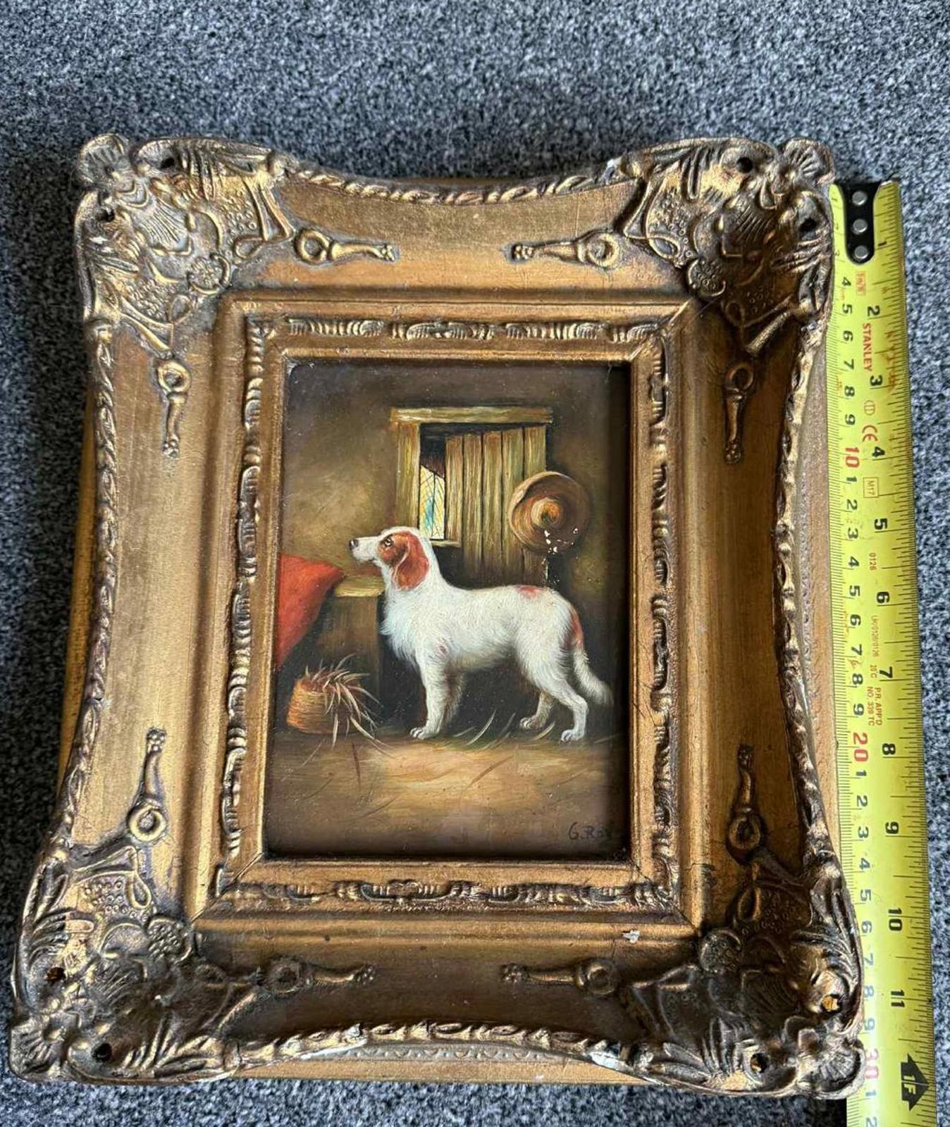 Charming Vintage Dog Painting in Ornate Frame - Singed "G Roy"