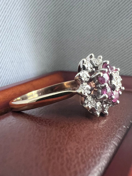 Vintage 9ct Yellow Gold Ruby & Diamond Cluster Ring - T