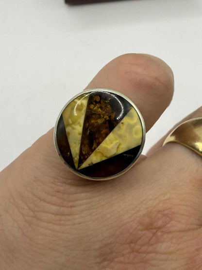 Quality 925 Sterling Silver Amber Mosaic Ring • Size - N • 6.75 Grams