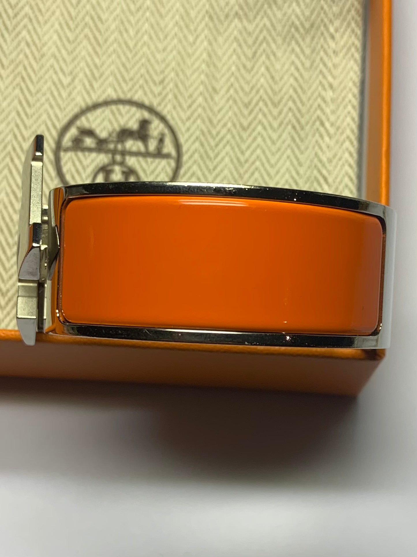 Authentic Hermès Clic Clac H Orange Enamel Palladium Plated Wide Bracelet - Used