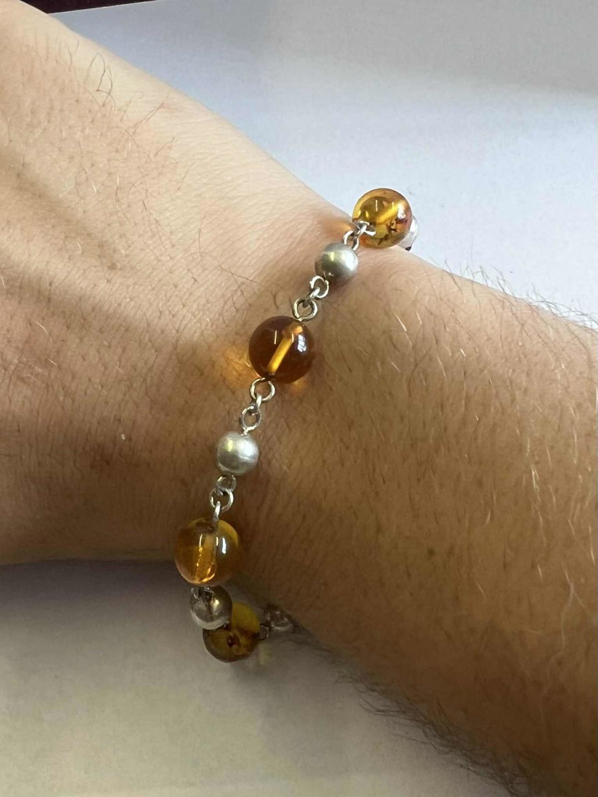 Quality 925 Sterling Silver Amber Bead Bracelet • 8" • 8.04 Grams