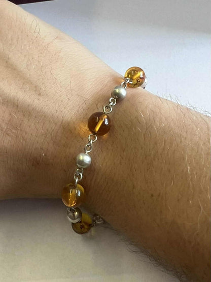 Quality 925 Sterling Silver Amber Bead Bracelet • 8" • 8.04 Grams