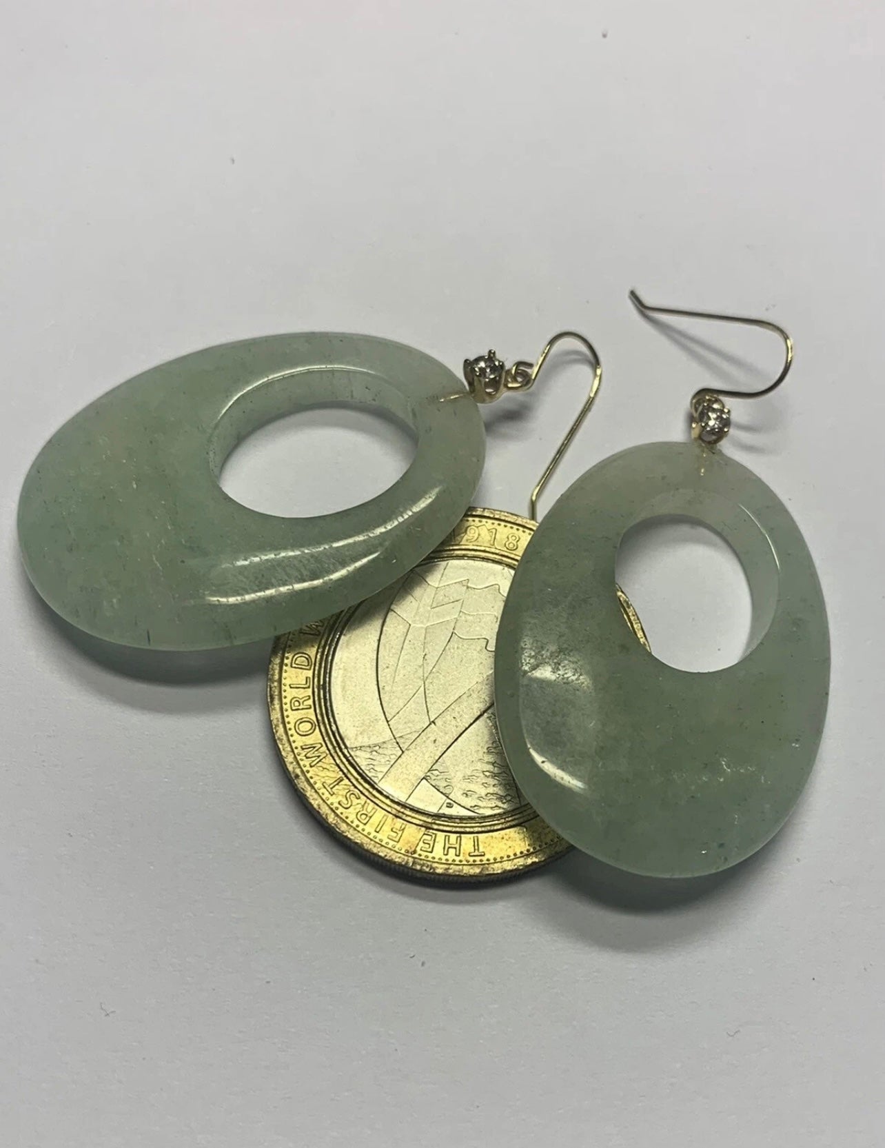 Quality 14ct Yellow Gold 52ct Aventurine & Diamond Dangle Earrings - 11.59 Grams