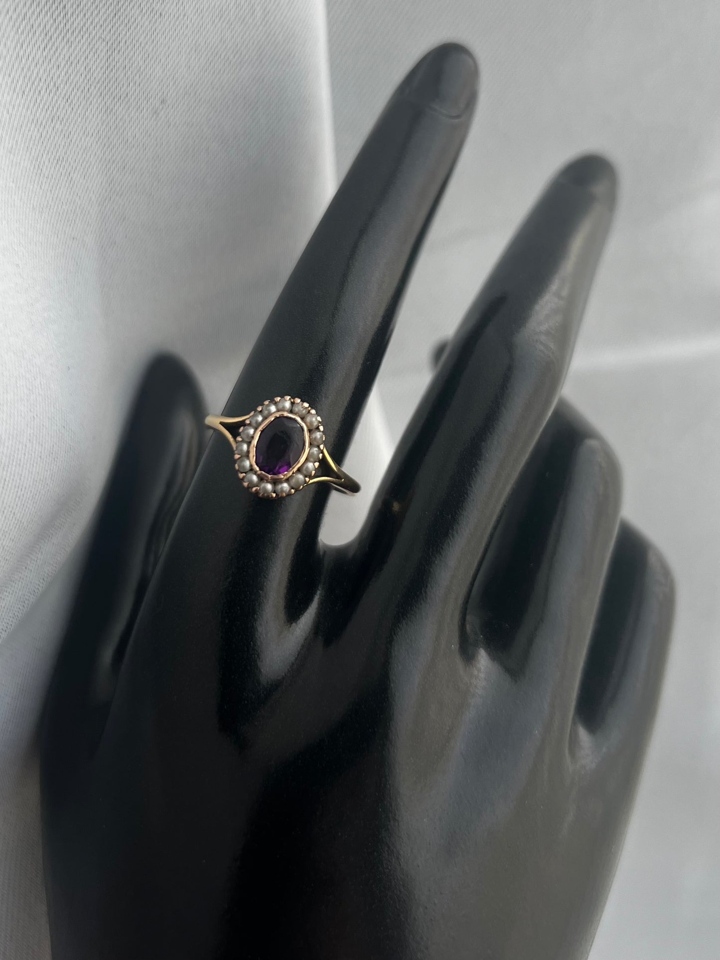 Antique 18ct Yellow Gold Amethyst & Seed Pearl Cluster Ring - S