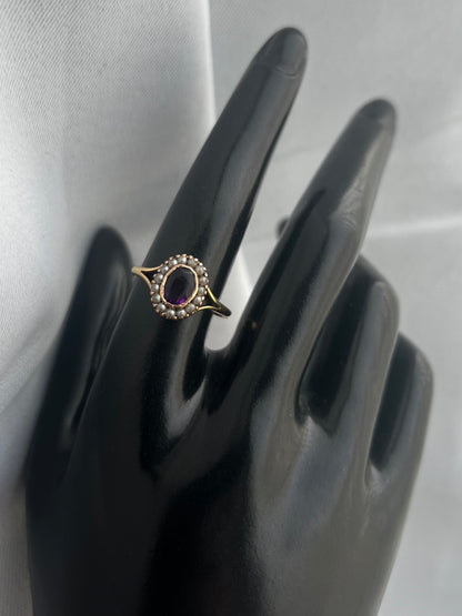 Antique 18ct Yellow Gold Amethyst & Seed Pearl Cluster Ring - S