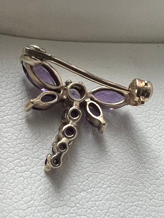 Quality 9ct Yellow Gold Amethyst Dragon Fly Brooch - 1.29 Grams