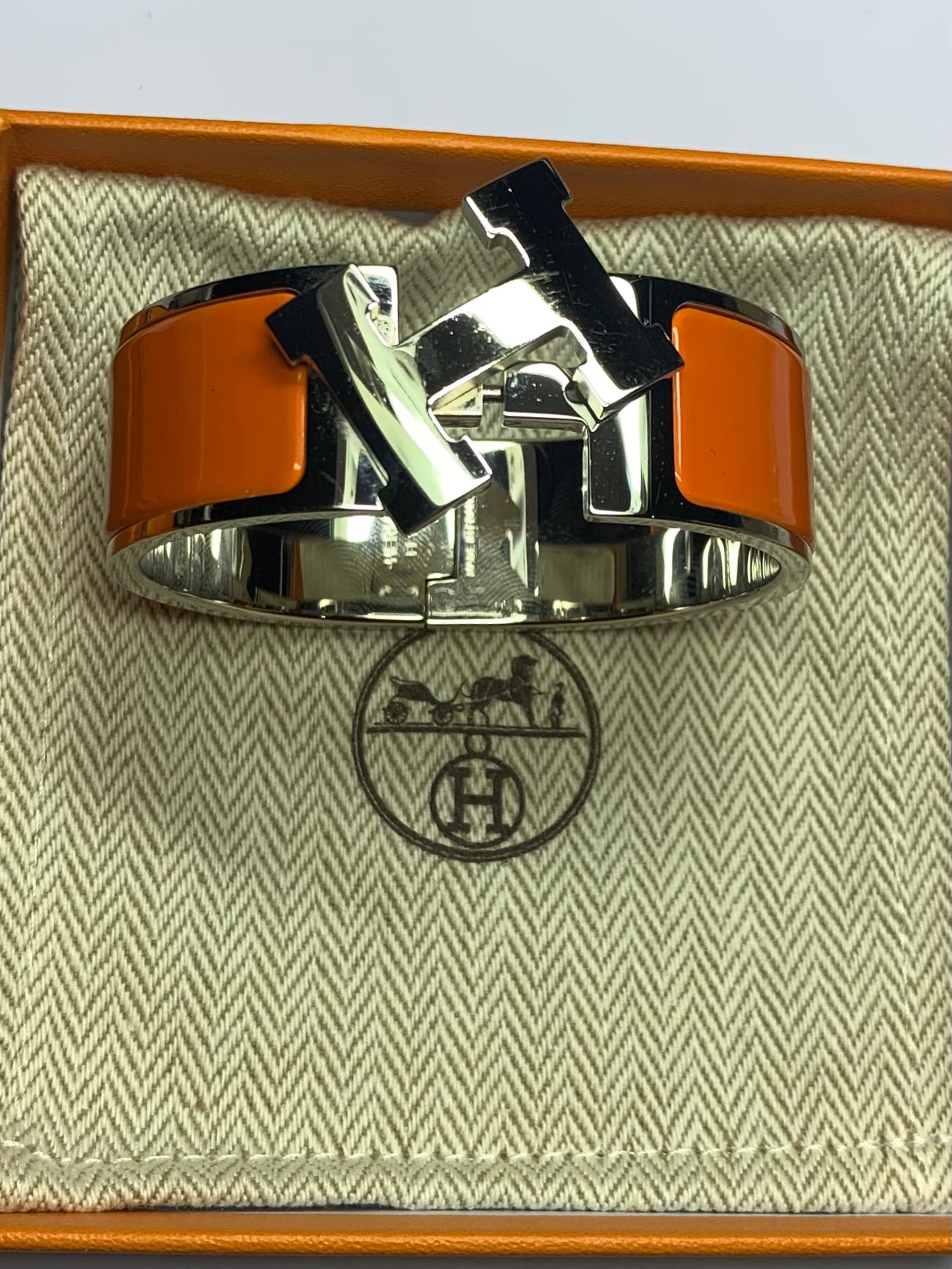 Authentic Hermès Clic Clac H Orange Enamel Palladium Plated Wide Bracelet - Used