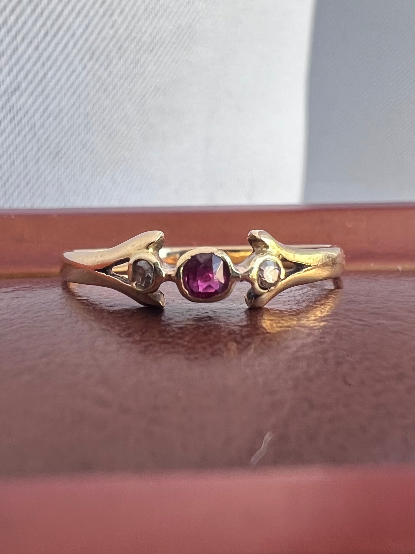 Antique 18ct Yellow Gold Dainty Ruby & Diamond Ring - M