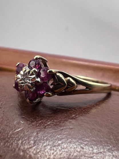 Vintage 9ct Yellow Gold Ruby & Diamond Cluster Ring - O