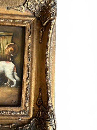 Charming Vintage Dog Painting in Ornate Frame - Singed "G Roy"