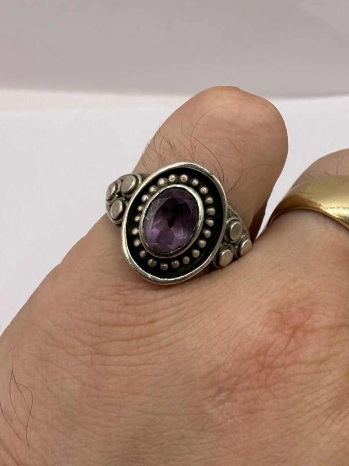 Quality 925 Sterling Silver Amethyst Set Ring • Size - U • 7.18 Grams