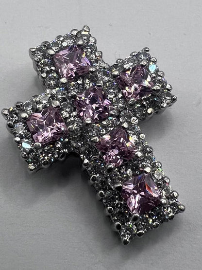 Quality 925 Sterling Silver Pink Stone Set Cross Pendant - 6.79 Grams