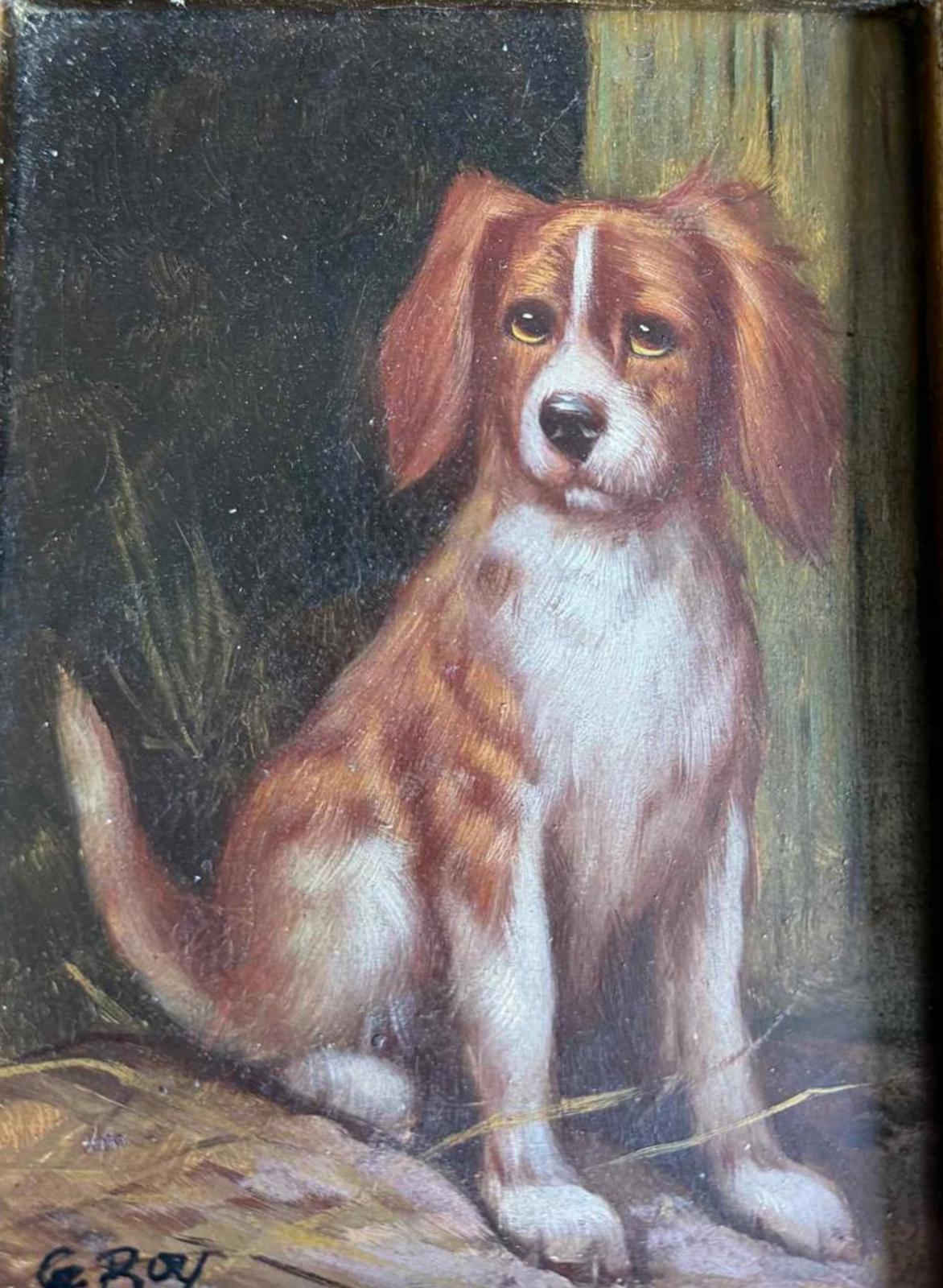 Charming Vintage Dog Painting in Ornate Frame - Singed "G Roy"