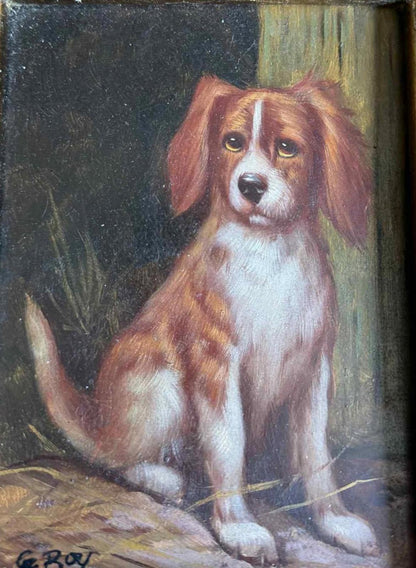 Charming Vintage Dog Painting in Ornate Frame - Singed "G Roy"