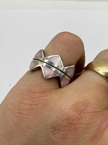 Quality 925 Sterling Silver Pink Inlayed Stone Ring • Size - P • 6.75 Grams