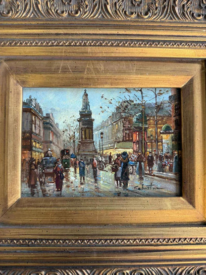 Vintage French Street Scene Oil Painting With Monument - Singed - "Sebastion"