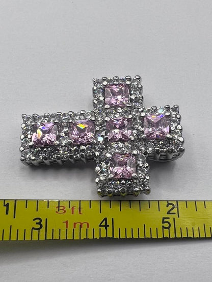 Quality 925 Sterling Silver Pink Stone Set Cross Pendant - 6.79 Grams