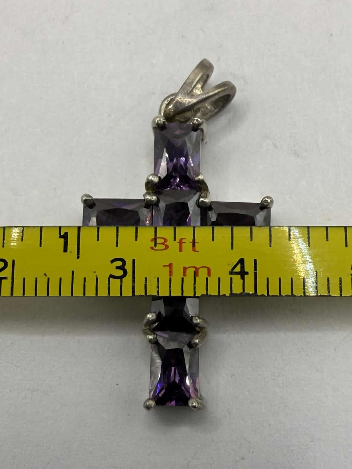 Quality 925 Sterling Silver Amethyst Set Cross Pendant • 4.28 Grams