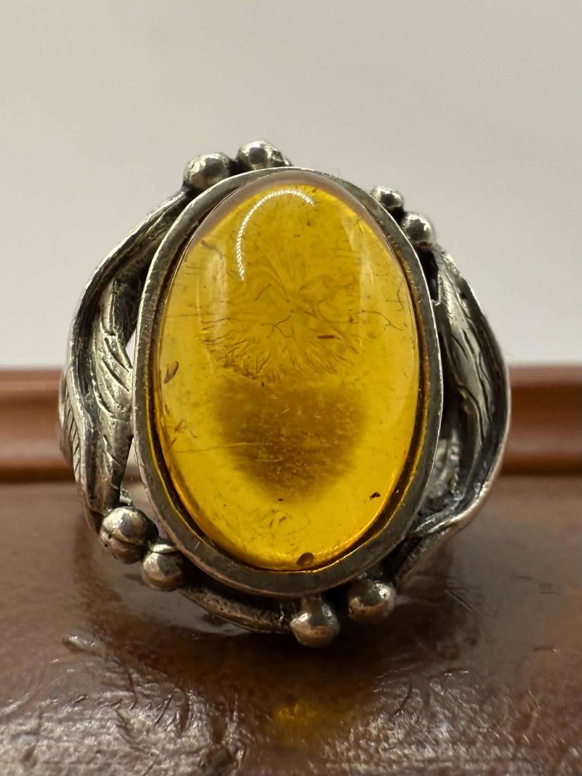 Quality 925 Sterling Silver Amber Set Ring • Size - N • 5.11 Grams