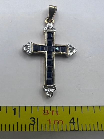 Vintage 9ct Yellow Gold Sapphire & Diamond Cross Pendant • 1.85 Grams