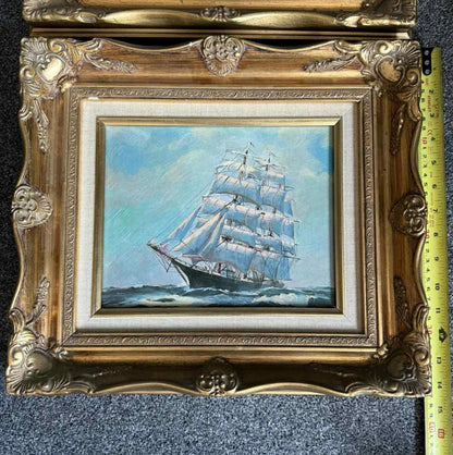 Vintage Ornate Framed Vibrant Maritime Oil Painting Set