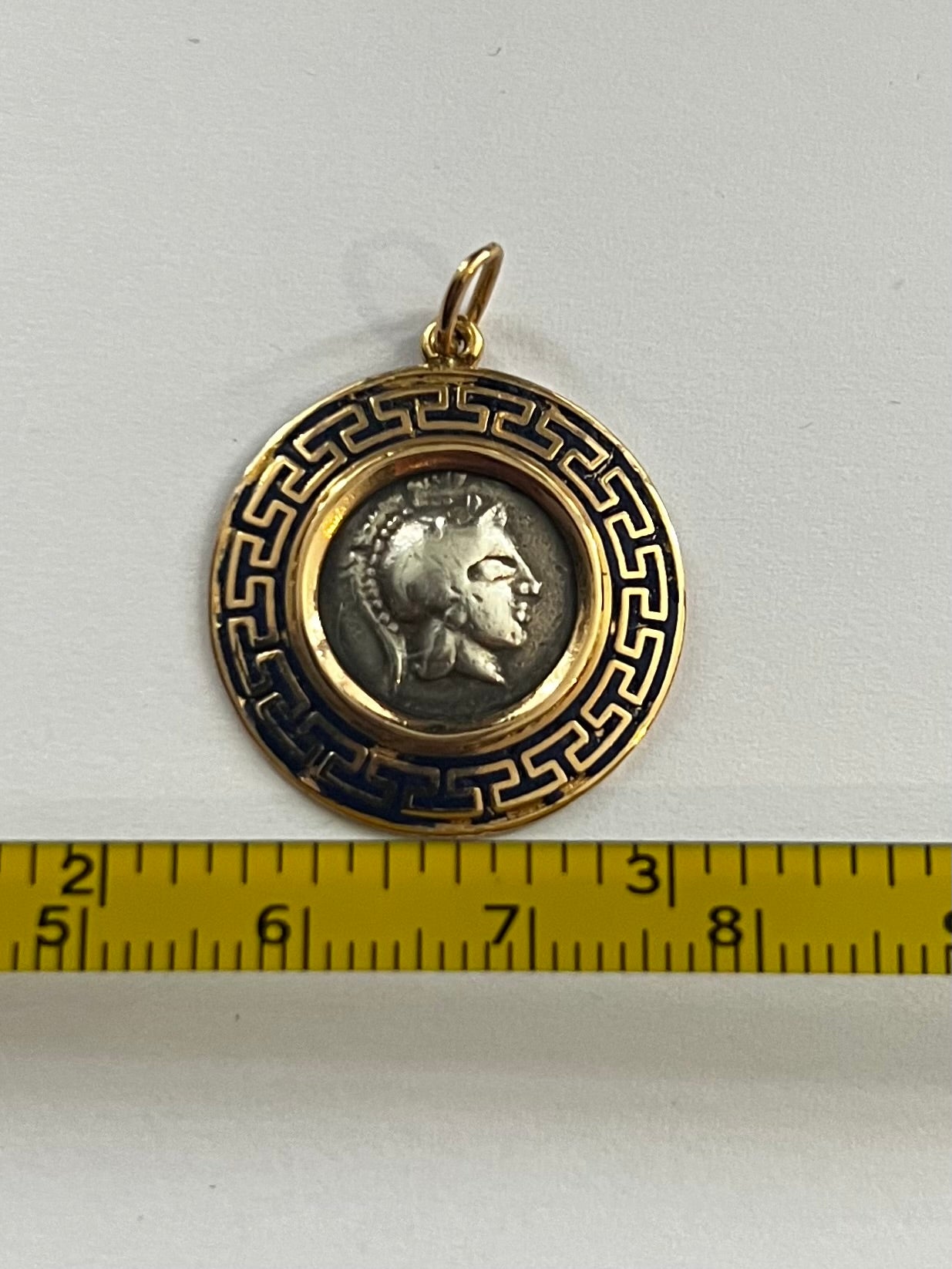 Vintage 18ct Greek Style Coin Set Blue Enamel Pendant - 5.18 Grams